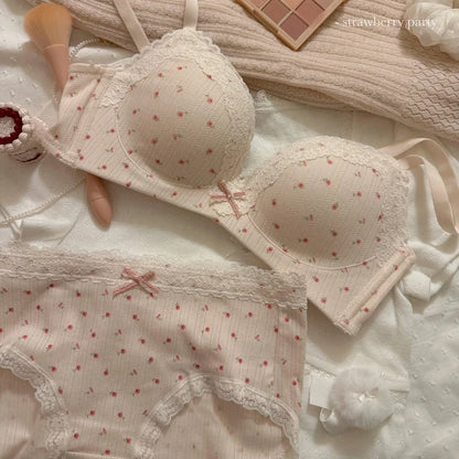 New Sweet Girl Lace Edge Sexy Lingerie Women's Small Breasts Gather No Wire Anti-Sag Bra Set Student Bra Panties Underwear Set