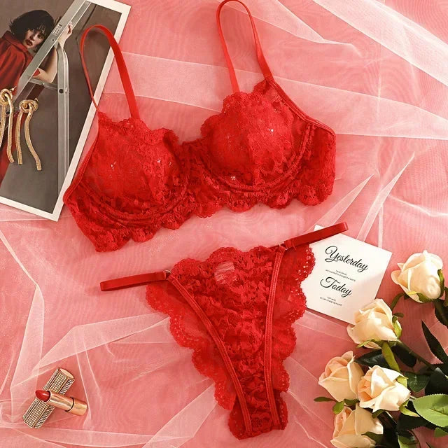 Sexy Strap Lace Perspective Fun Lingerie Set Women's Sweet Floral Lace Decor Bra and Panty Set Female French Style Intimates Set