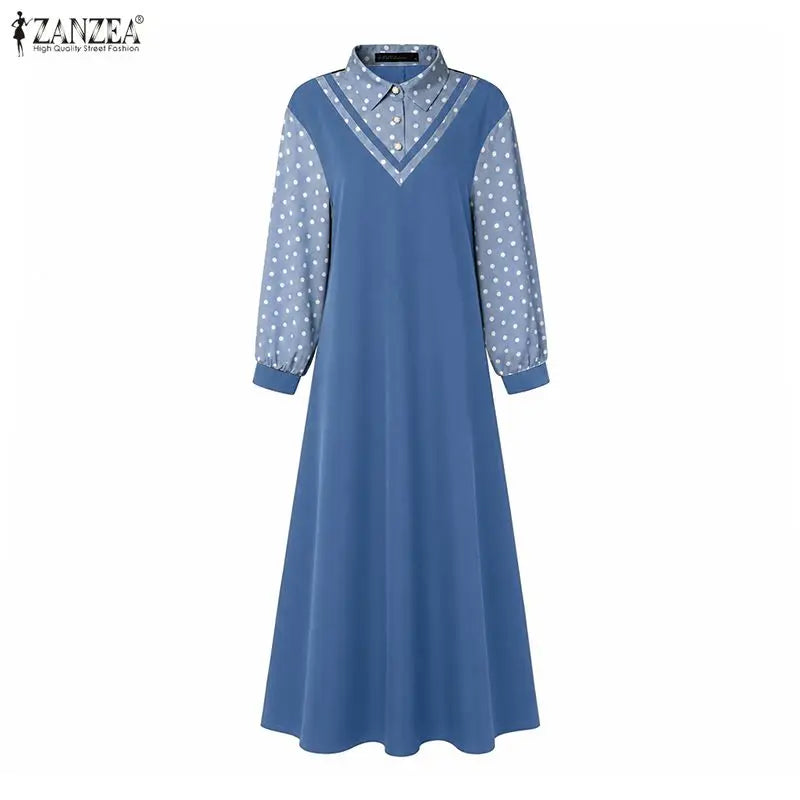 Ramadan Robe ZANZEA Polka Dots Printed Muslim Dress Abaya 2026 Women Casual Lapel Neck Long Sleeve Patchwork Baggy Maxi Sundress
