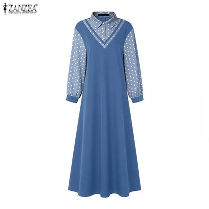 Ramadan Robe ZANZEA Polka Dots Printed Muslim Dress Abaya 2026 Women Casual Lapel Neck Long Sleeve Patchwork Baggy Maxi Sundress