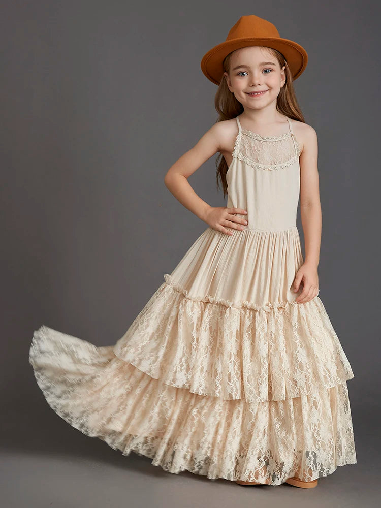 Big Girls Flower Wedding Party Backless Chiffon Dress Princess Kids Bohemia Lace Long Dresses Vestidos Clothing For 3-15 Years