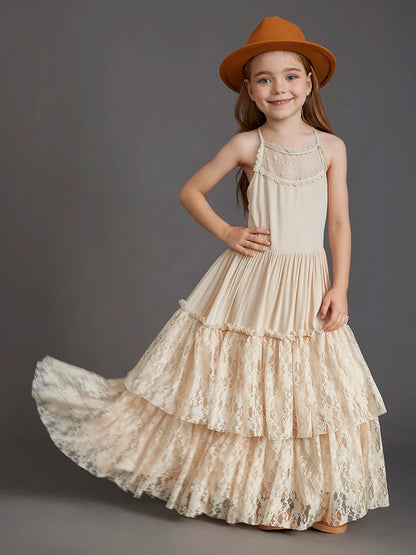 Big Girls Flower Wedding Party Backless Chiffon Dress Princess Kids Bohemia Lace Long Dresses Vestidos Clothing For 3-15 Years