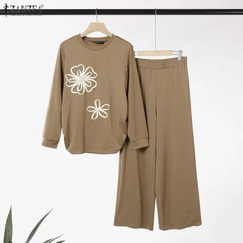 Women Muslim 2 Piece Sets Ramadan Outfits 2026 ZANZEA Casual O Neck Long Sleeve Flowers Tops Pant Sets Dubai Hijab Traccksuit