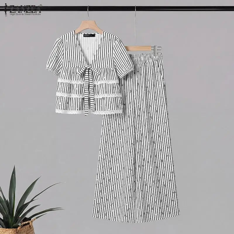 ZANZEA Women Striped 2 Piece Matching Pant Sets Layered Ruffles Lace Trim Short Blouses & Wide Leg Pants Suits Casual Outfits