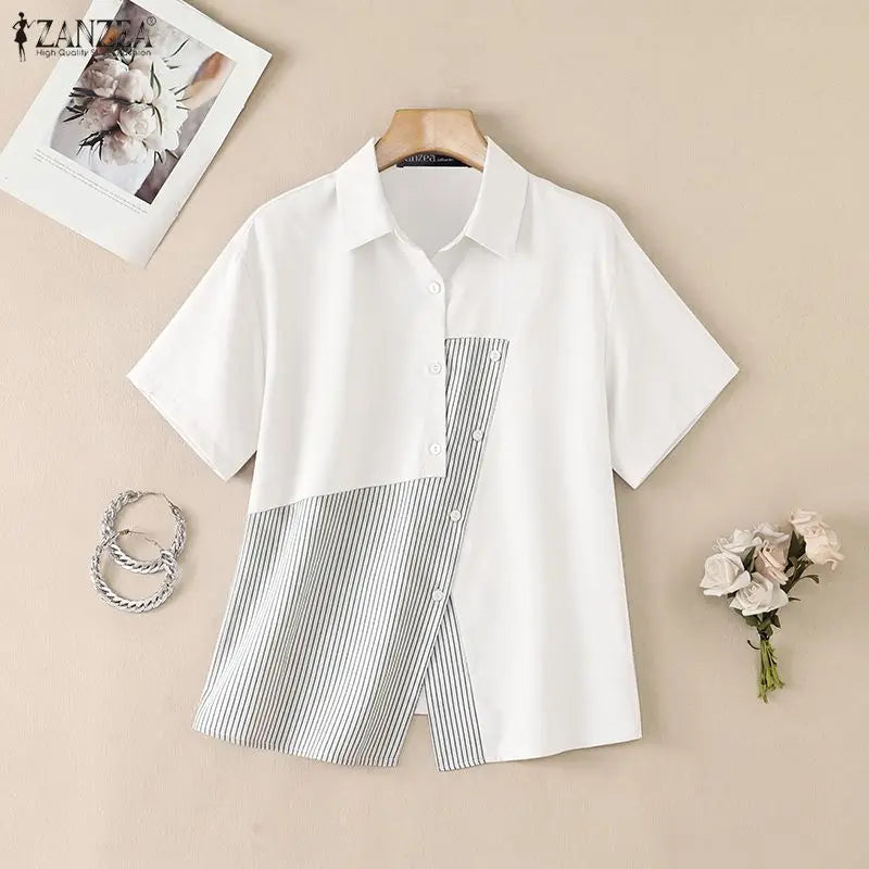 Women Shirt ZANZEA Fashion Patchwork Summer Short Sleeve Tops Striped Tee Oversize Blusas Turn-down Collar Tunic Streetwear
