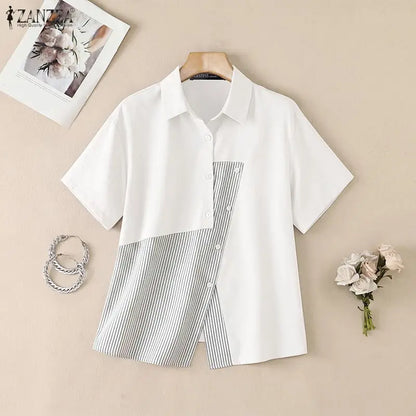 Women Shirt ZANZEA Fashion Patchwork Summer Short Sleeve Tops Striped Tee Oversize Blusas Turn-down Collar Tunic Streetwear