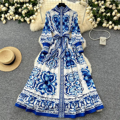 2026 Long-sleeve Printed Dress Women Summer Single-breasted Stand-collar Party Maxi Dresses Lace-up Slim Elegant A-line Dresses
