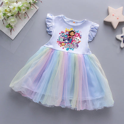Kids Clothes Summer New Girls Dress Short sleeves Rainbow Princess Dress For Children Baby Cute Birthday Party Clothing 2-8Y