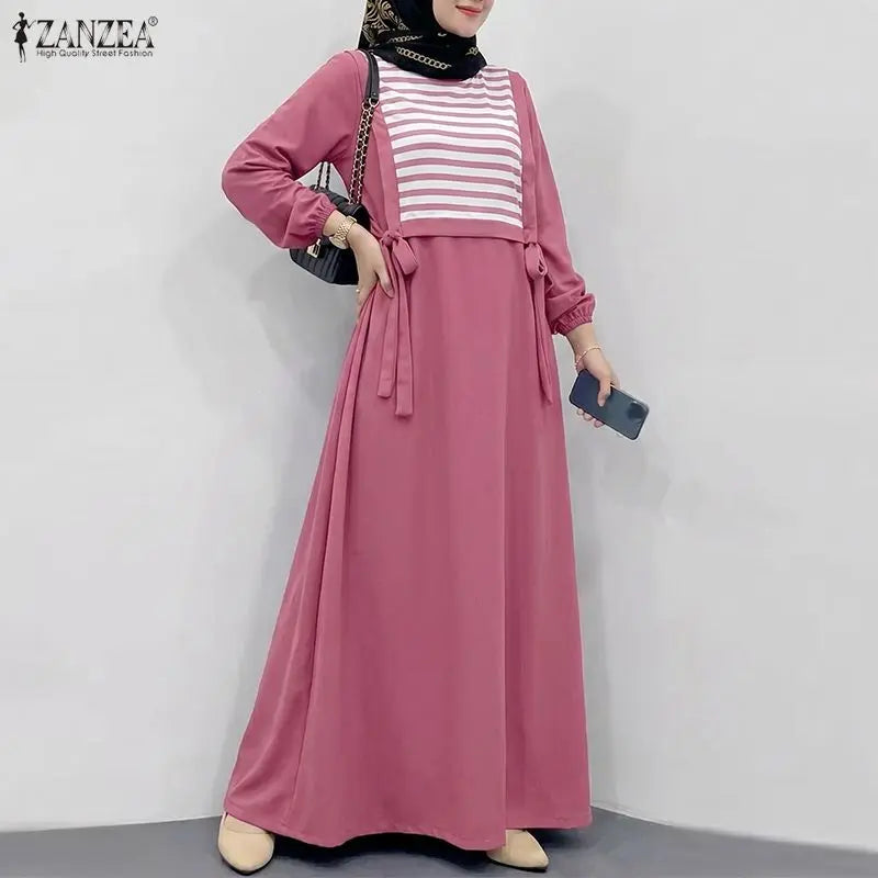 ZANZEA Stylish Women Striped Patchwork Muslim Dress Abaya Elegant Maxi Long Dress Dubai Robe Kaftan O Neck Long Sleeve Sundress