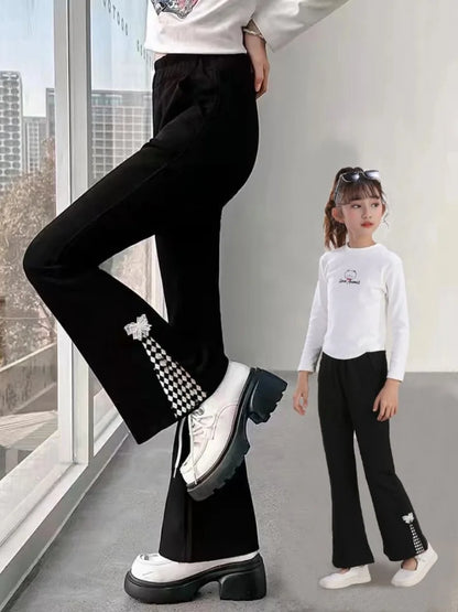 Girls' Micro Flare Pants 2026 Spring Autumn Outerwear for Ages 5-12 Stretchy Viral Fashion Trousers with Elastic Waist