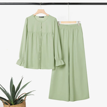 2026 ZANZEA Fashion Women Muslim 2 Piece Sets Casual O Neck Long Sleeve Tops Trousers Suit Ramadan Outfits Solid Color Tracksuit