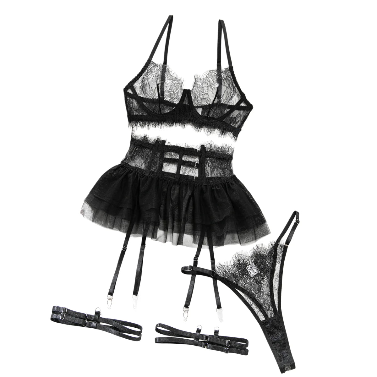 Women's 4Pcs Sexy Lingerie Set Sheer Eyelash Lace Bra Tulle Garter Skirt Thigh Strap Thong Boudoir Soft Intimate Underwear