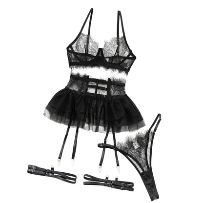 Women's 4Pcs Sexy Lingerie Set Sheer Eyelash Lace Bra Tulle Garter Skirt Thigh Strap Thong Boudoir Soft Intimate Underwear