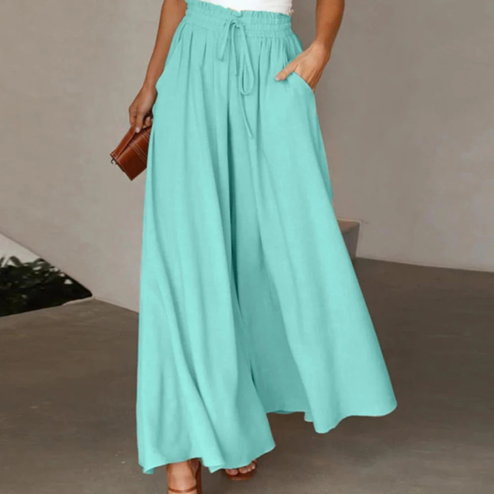Women Summer Autumn Elegant Solid Chiffon Pants Casual Elastic Waist Wide Leg Pants Loose Straight Trouser Vacation Beach Street