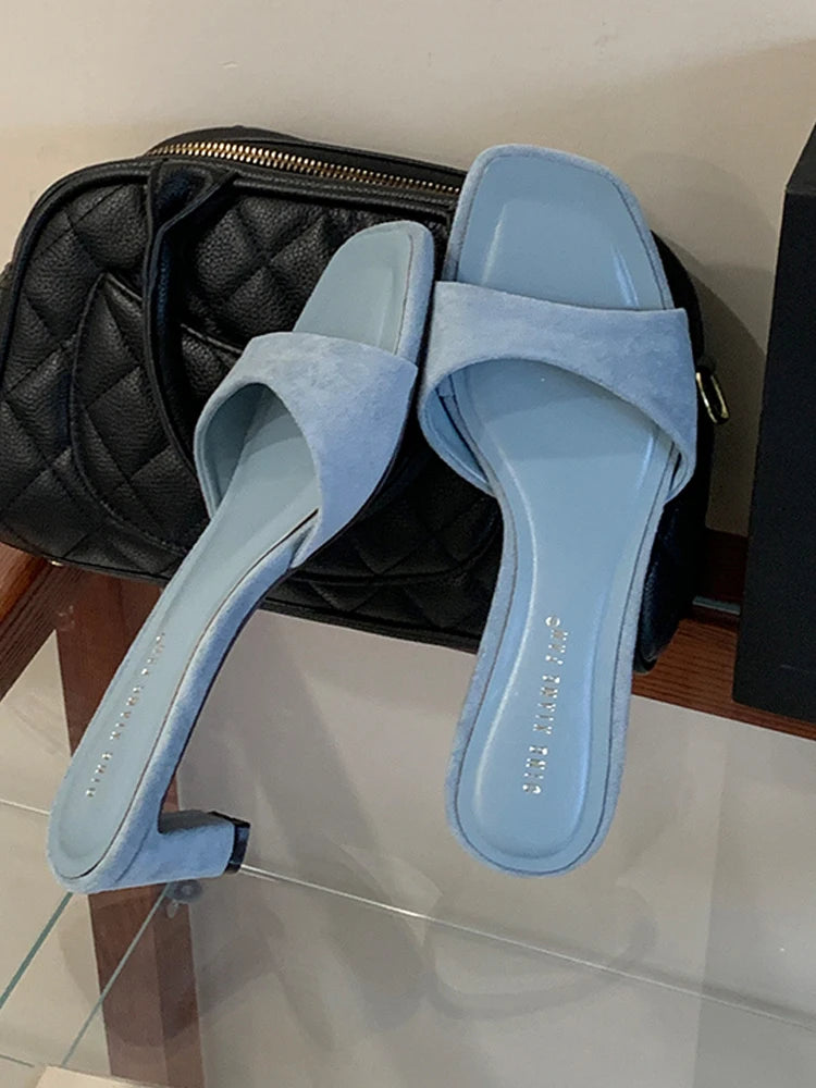 Casual Pull On Square High Heel Slippers Women Summer Footwear Suede Light Blue Backless Slide Brand Designer Party Dress Shoes