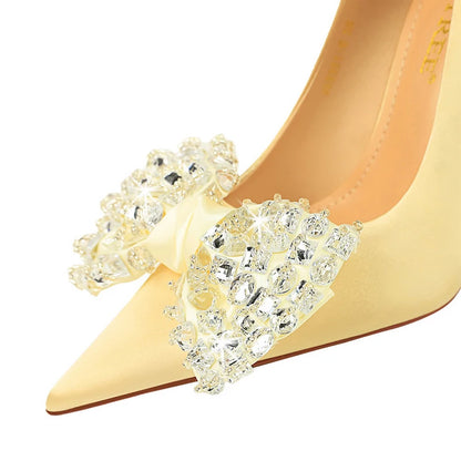 2026 Bow Knot Rhinestone Women Pumps Large Size 43 High Heels Luxury Banquet Shoes Stilettos Sexy Party Shoes Design Lady Heels