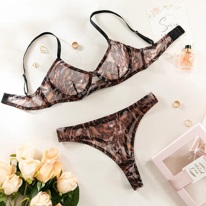 Sexy Lace Bra Sets for Women Underwear White Zebra Printed Push Up Underware Trasparent Mesh Bra Thong Brief Sleepwear