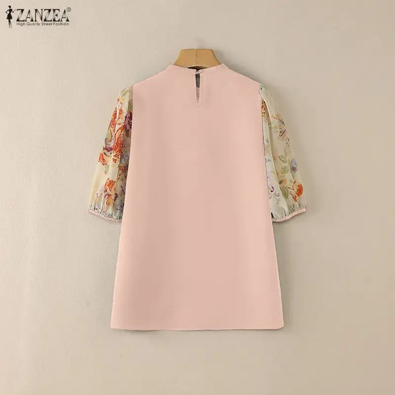 ZANZEA Women's Elegant Floral Chiffon Puff Sleeves Blouses Lace Patchwork Stand Collar Classy Tops 2026 Summer Woman Clothes 3XL