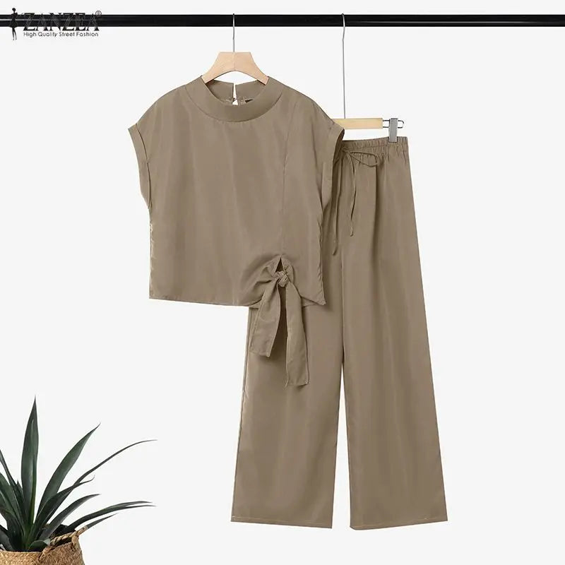 ZANZEA Women's Minimalist 2 Piece Sets Elegant Stand Collar Short Sleeve Blouse & Wide Leg Pant Suits Casual Pant Sets Outfits