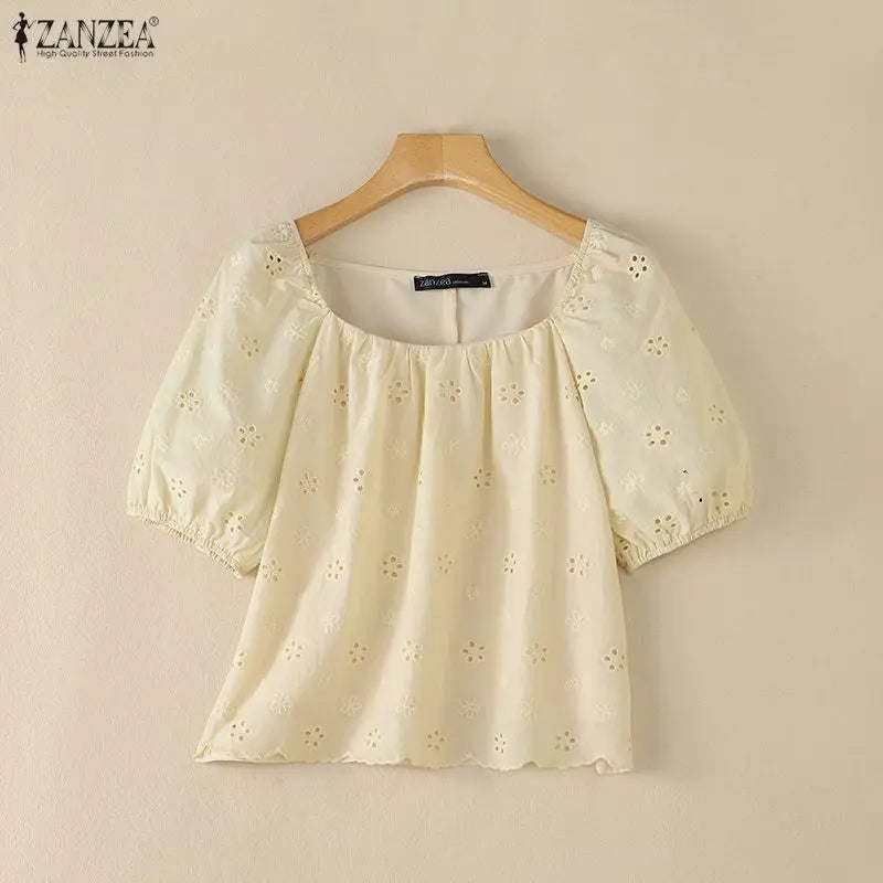 ZANZEA Women Summer Cotton Blouse Elegant Square Neck Puff Half Sleeve Casual Tops Streetwear Blusas OL Work Party Tunic