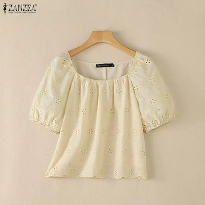 ZANZEA Women Summer Cotton Blouse Elegant Square Neck Puff Half Sleeve Casual Tops Streetwear Blusas OL Work Party Tunic