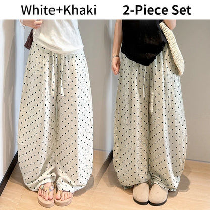 Linen Polka Dot Wide-Leg Pants for Women's Summer, Thin High-Waisted Loose and Laid-Back Style Yamamoto Pants, Casual Straight-L