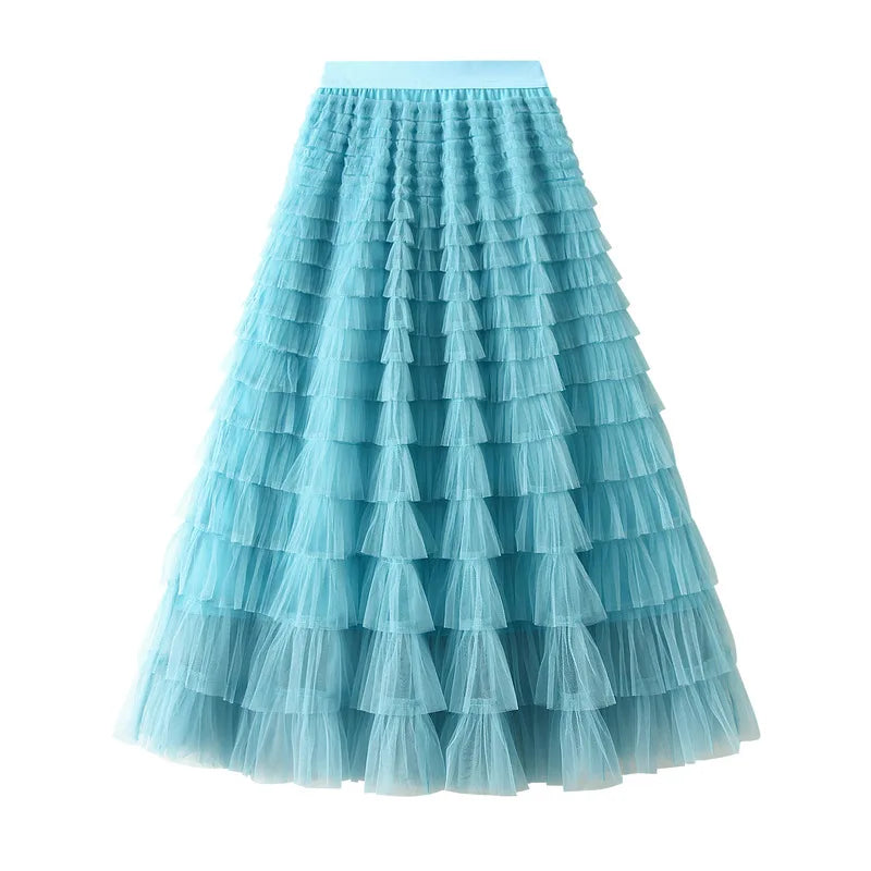 HOT Solid Multilayer Ruffle Mesh Skirt Women Boho High Waist Long Maxi Tulle Skirt Spring Summer Party Women's Clothing