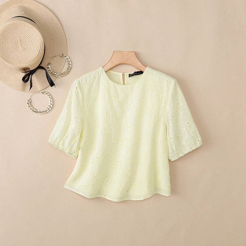 ZANZEA Woman Openwork Embrodiered Blouses Casual O-Neck Short Puff Sleeve Solid Color Tops 2026 Summer Patchwork Blusas de Mujer