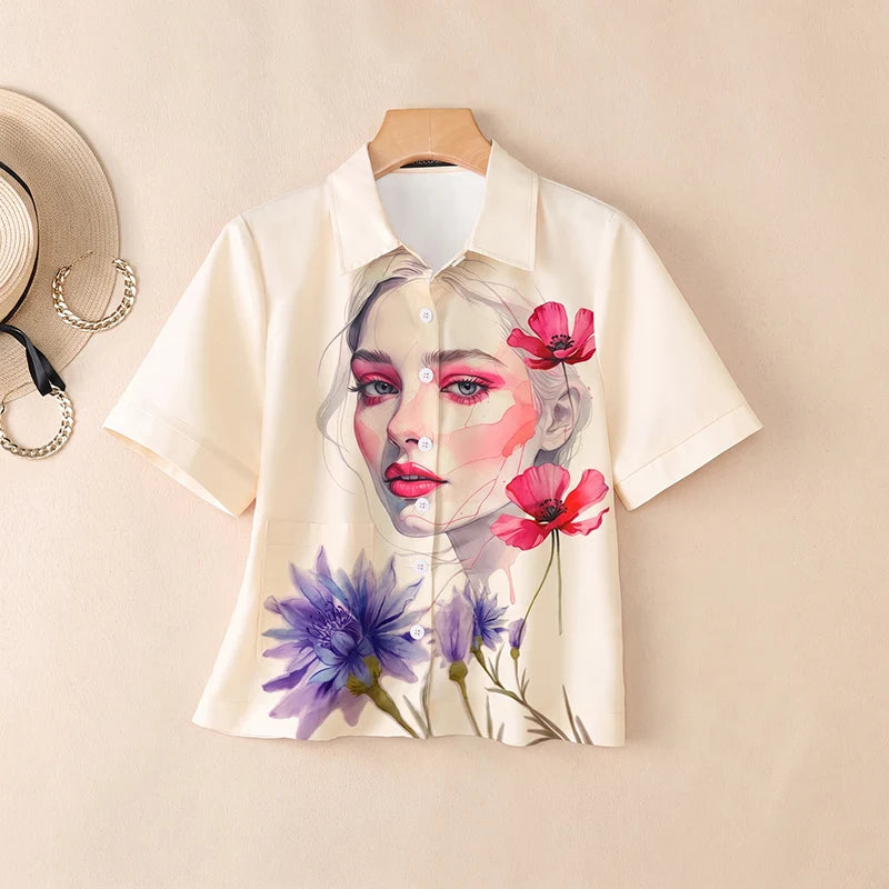 ZANZEA Woman Abstract Art Printing Short Sleeve Shirts Turn-Down Collar Button Up Blouses Summer Casual Daily Streetwear Top 3XL
