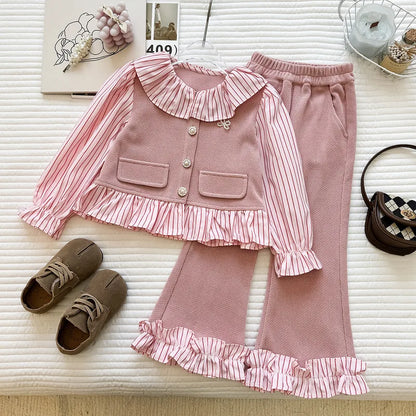 Girls' Spring and Autumn New Korean Style Striped Collared Shirt Long Sleeve Long Pants Two-Piece Set
