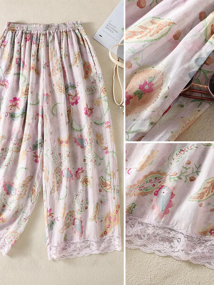 Artistic Casual Pants Women Summer Loose Versatile Retro Print Wide Leg Pants High Waist Straight Tube Geometric Pattern