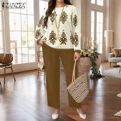 Plus Size Sets ZANZEA 2026 Autumn Women Elegant Pants Sets Vintage Printed Long Sleeve Tops Long Pants Office Lady Suits Casual