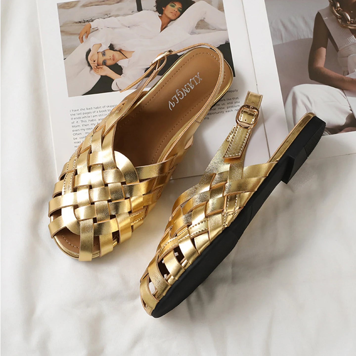 Advanced Womens Flat Sandals Summer Beach Holiday Footwear Fashion Woven Slingback Roman Shoes Designer Elegant Party Big size