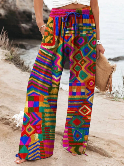 Women's New High Waist Loose Casual Wide Leg Print Pants Summer Beach EU US Style Comfy Flowy Trousers