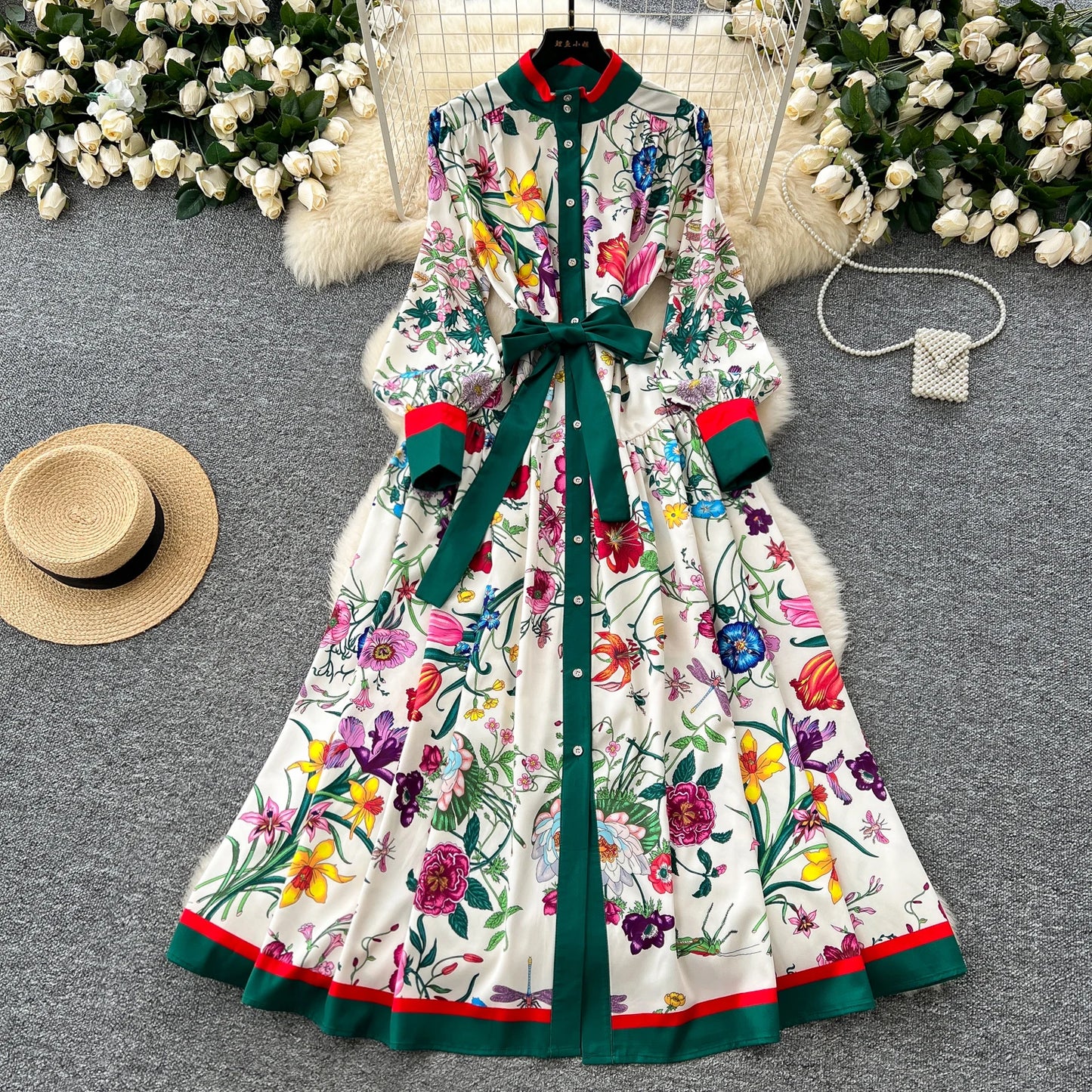 2026 Long-sleeve Printed Dress Women Summer Single-breasted Stand-collar Party Maxi Dresses Lace-up Slim Elegant A-line Dresses