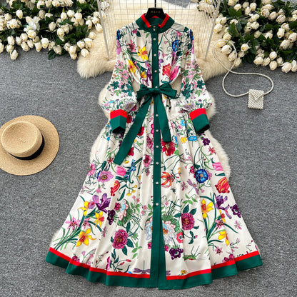 2026 Long-sleeve Printed Dress Women Summer Single-breasted Stand-collar Party Maxi Dresses Lace-up Slim Elegant A-line Dresses