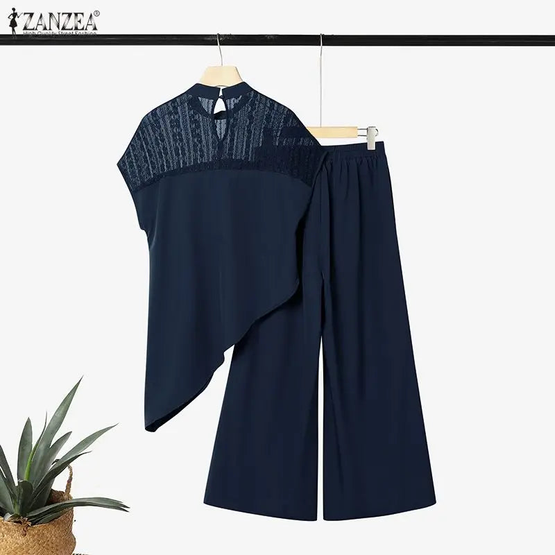 ZANZEA Women Elegant 2-Piece Pant Sets Lace Patchwork Asymmetrical Hem Blouse & Wide Leg Pant Matching Sets Loose Chic Co-ords