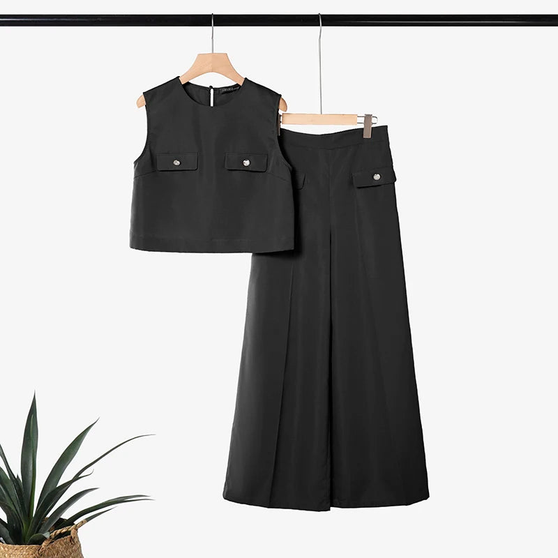 ZANZEA Women's Summer Elegant Pant Suits Sleeveless Cropped Tops & Wide Leg Pants 2 Pieces Sets Office Commute Pant Sets Outfits