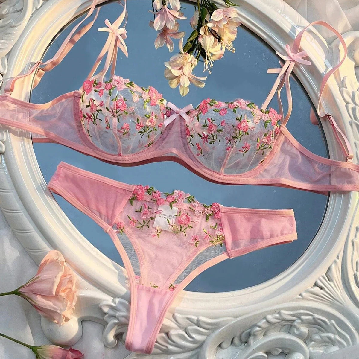 New Pink Transparent Bra Women Lingerie Set Ladies Embroidery Floral Bras Underwear Sets