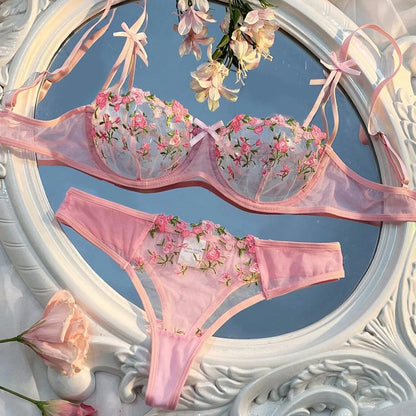 New Pink Transparent Bra Women Lingerie Set Ladies Embroidery Floral Bras Underwear Sets