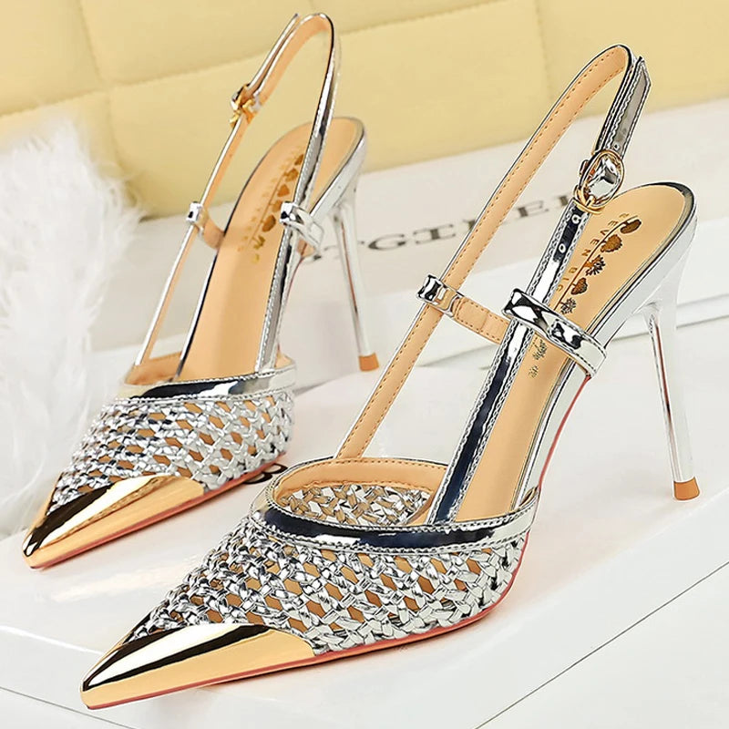 Fashion Hollow Weaving Women Pumps Metal Pointed Tip High Heels Stiletto 9.5 Cm Buckle Summer Women's High-Heeled Sandals Shoes