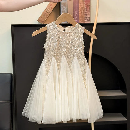 Girls Sequined Dress New Princess Puff Dress Kids Birthday Party Mesh Gown Ball Children Clothes Teen Fashion Vestidos 2-10 Year
