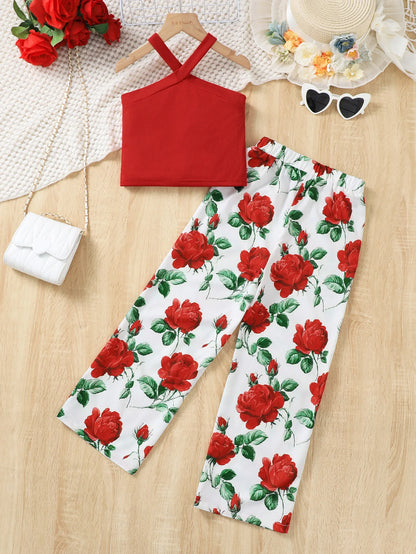 Girls' Summer Vacation Bohemian Red Short Top And Rose Floral Long Pants 2-Piece Set Casual Beachwear for Kids