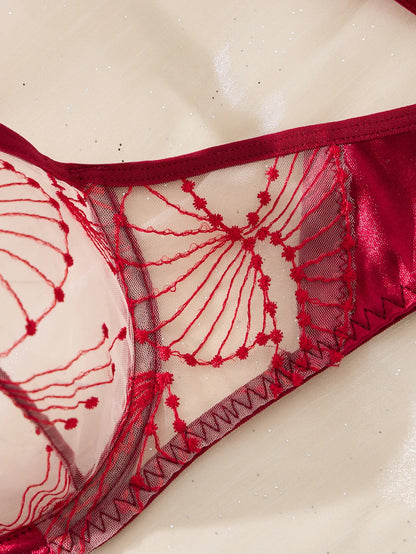 WineRed Color Embroidered Lace Lingerie Set-Sexy See-Through Chiffon Half-Cup Shaping Bra Thong Two-Piece Set ZA825287