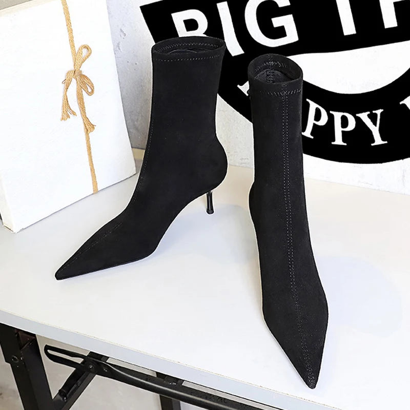 BIGTREE Shoes Suede Women's Ankle Boots Stiletto Heels Women 5.5 cm Sharp Pointed Women's Boots Fashion Short Boots Autumn Shoes