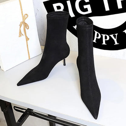 BIGTREE Shoes Suede Women's Ankle Boots Stiletto Heels Women 5.5 cm Sharp Pointed Women's Boots Fashion Short Boots Autumn Shoes
