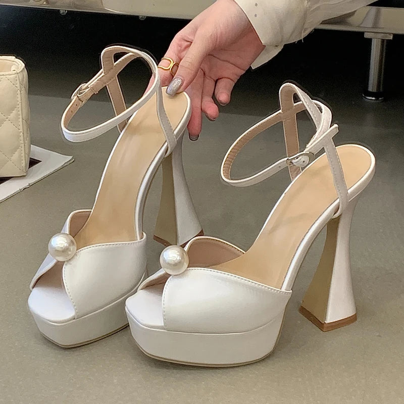 Luxury Satin Pearl Detail Heeled Sandals Women Sexy Peep Toe Buckle Strap High Heels for Ladies Summer Elegant Platform Sandals