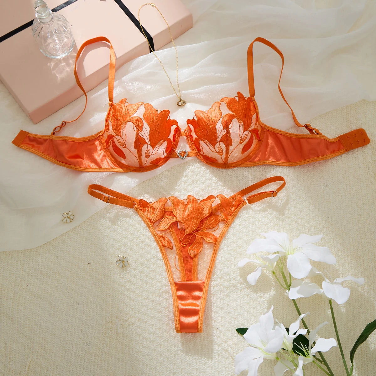 Orange Floral Embroidery Lingerie Set Satin Mesh Underwire Bra Thong Women Intimate Underwear Honeymoon Boudoir ZA824031