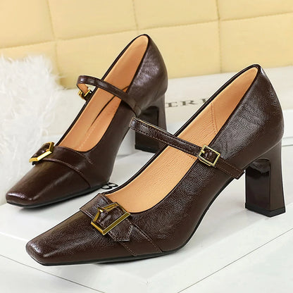 BIGTREE Shoes Metal Belt Buckle Women Pumps Square Head High Heels Thick Heeled Shoes With Women Heels 7 CM Retro Ladies Pumps