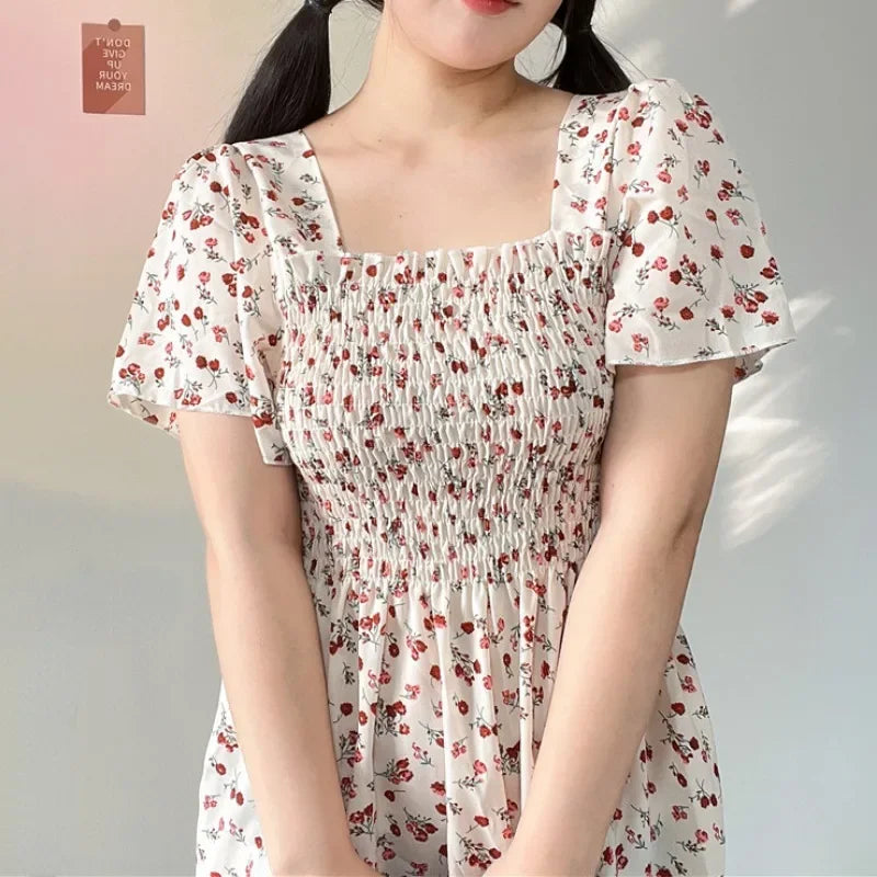 Spring Summer Elastic Waist Short Sleeve Chiffon Dress Women Casual Dresses Female Printed Floral Midi A-Line Dresses Vestidos